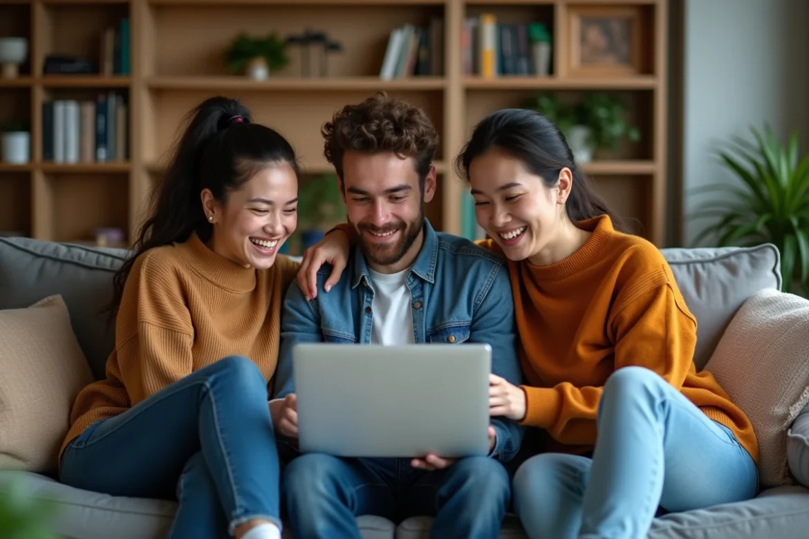 Groupe de colocataires qui évaluent une candidature pour un habitat partagé sur un ordinateur portable