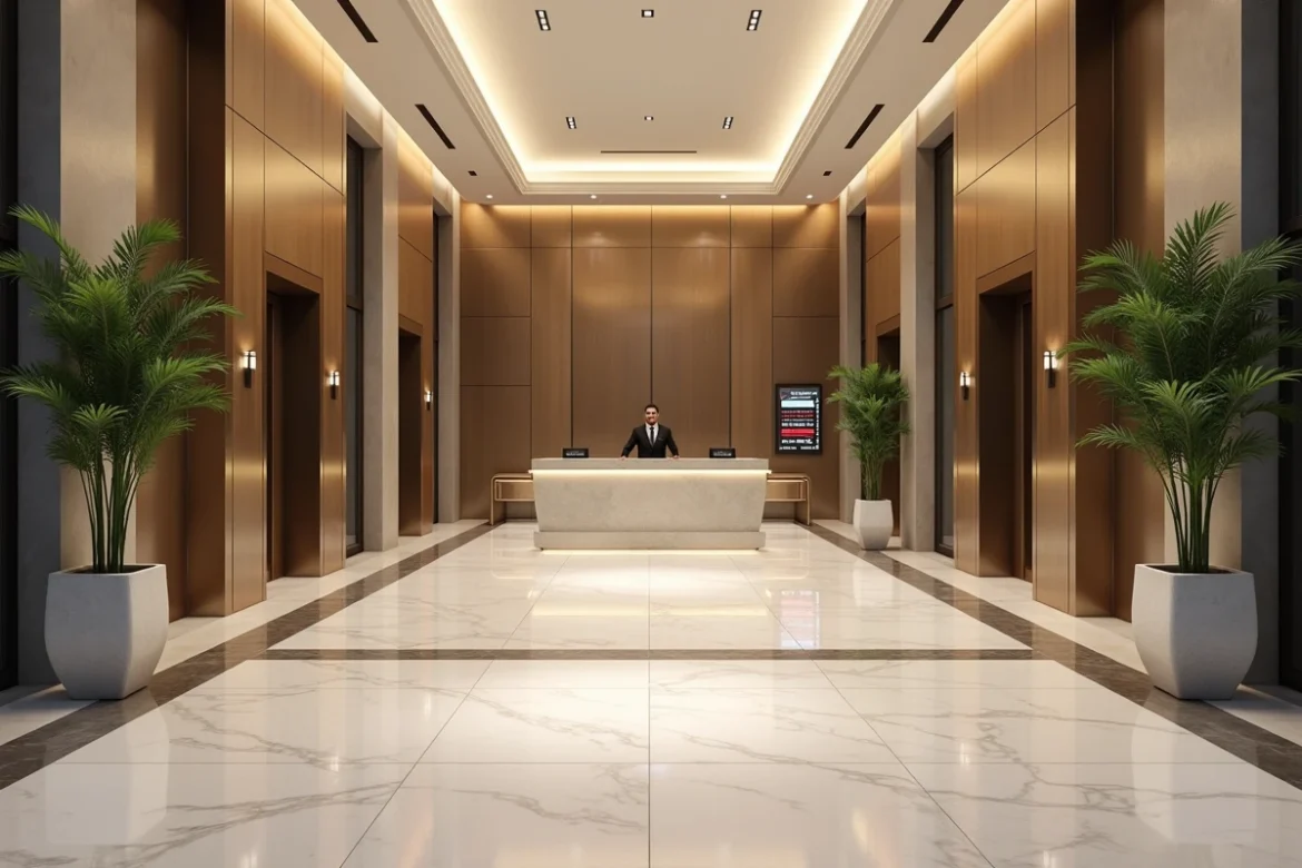 Hall d'entrée luxueux de l'Almas Tower JLT avec réception et panneau d'affichage des charges de service de l'immeuble