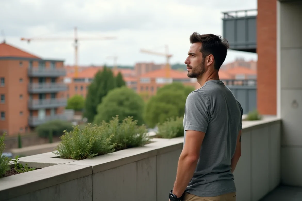 Homme observant le quartier Montaudran-Lespinet depuis un balcon d'appartement à Toulouse