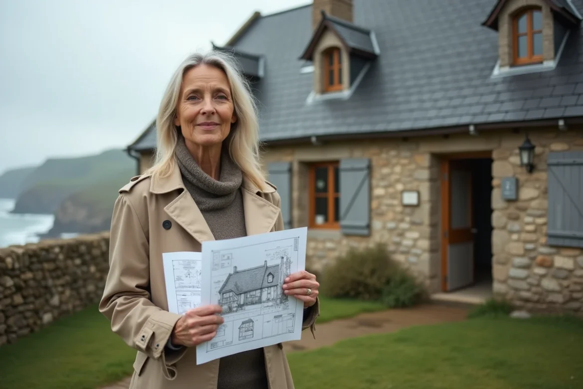 Femme examinant une maison normande en pierre à vendre en bord de mer avant une négociation immobilière