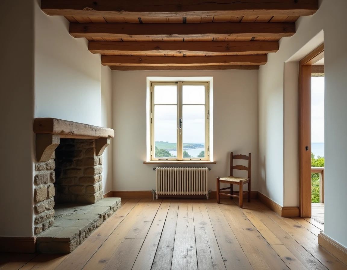 Intérieur d'une petite maison normande rénovée avec fenêtre offrant une vue mer depuis le salon avec poutres apparentes et cheminée en pierre
