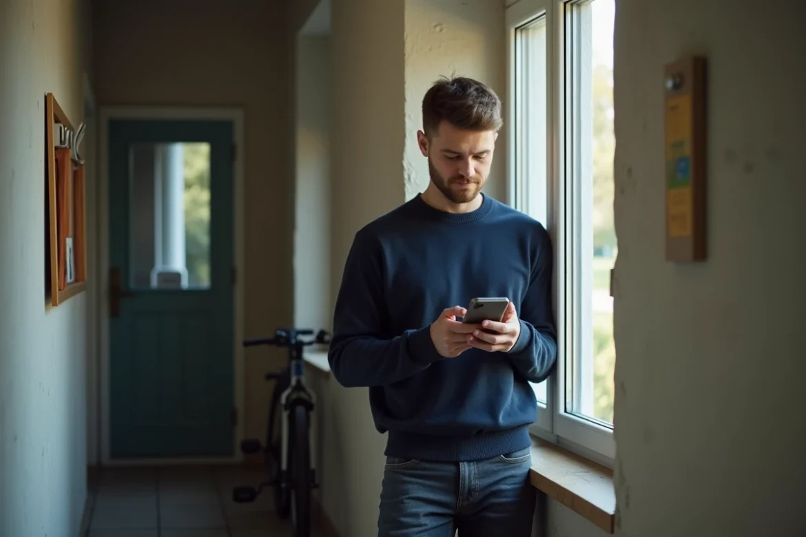 Homme lisant une petite annonce de colocation sur son smartphone dans le couloir d'un appartement partagé