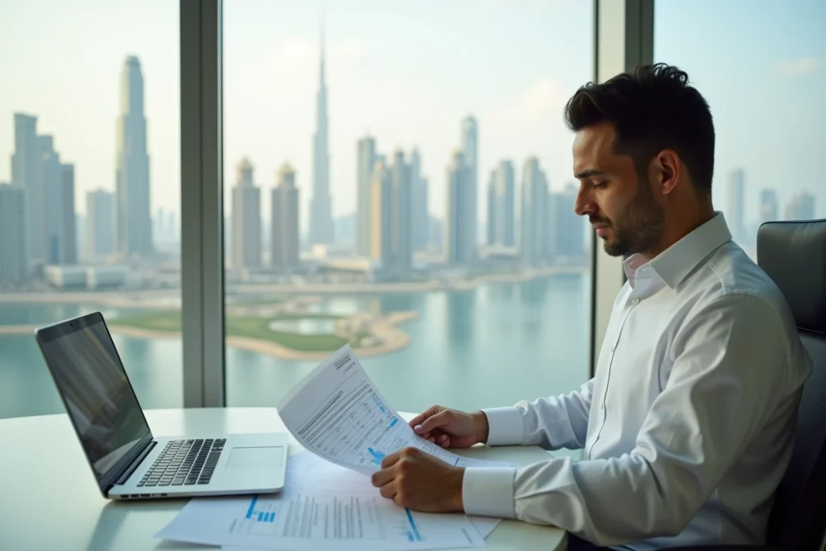Locataire consultant un contrat de bail et des charges locatives dans un appartement de l'Almas Tower à Dubaï avec vue sur les lacs JLT