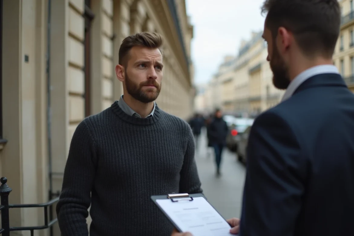 Jeune homme discutant avec un agent immobilier devant un immeuble haussmannien pour louer un appartement sans justificatif de revenus classique