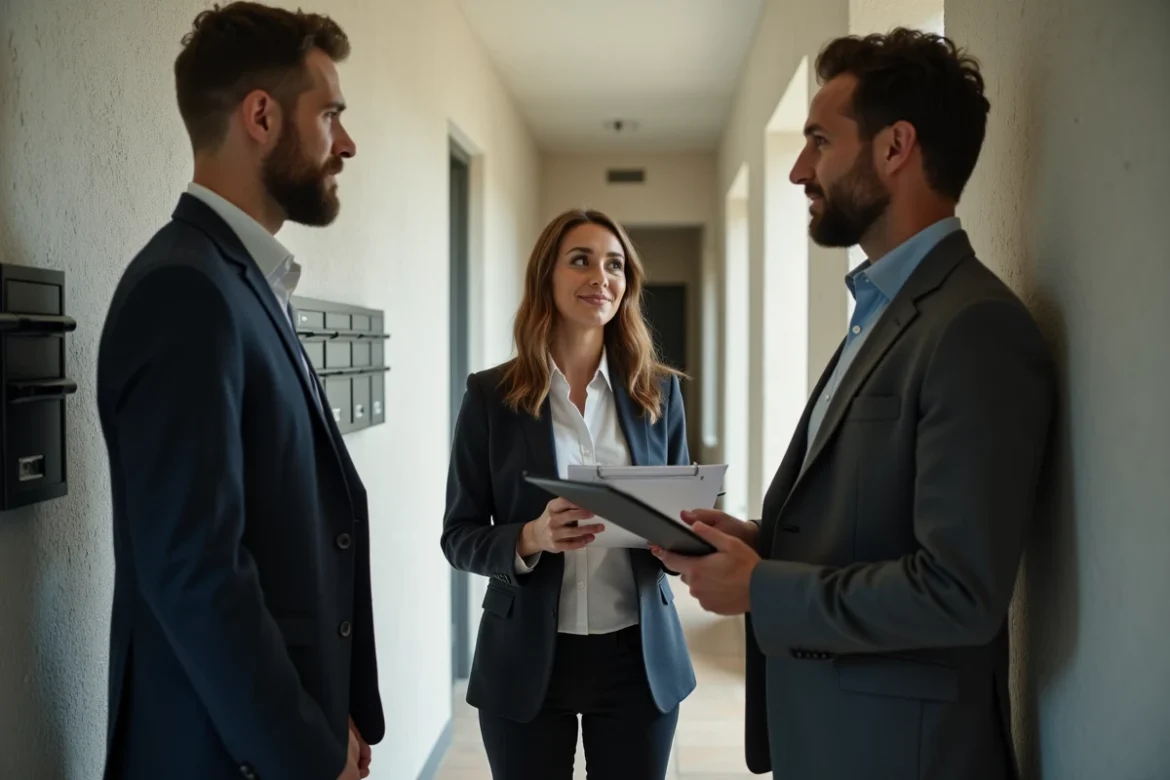 Locataires discutant avec un gestionnaire immobilier dans le couloir d'un immeuble résidentiel, relation de confiance facilitée par Socorpi