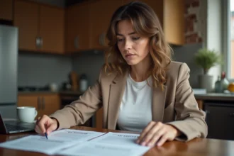 Femme examinant des documents de location sans fiche de paie dans son appartement, comparant les options entre PtitClic et agence immobilière classique