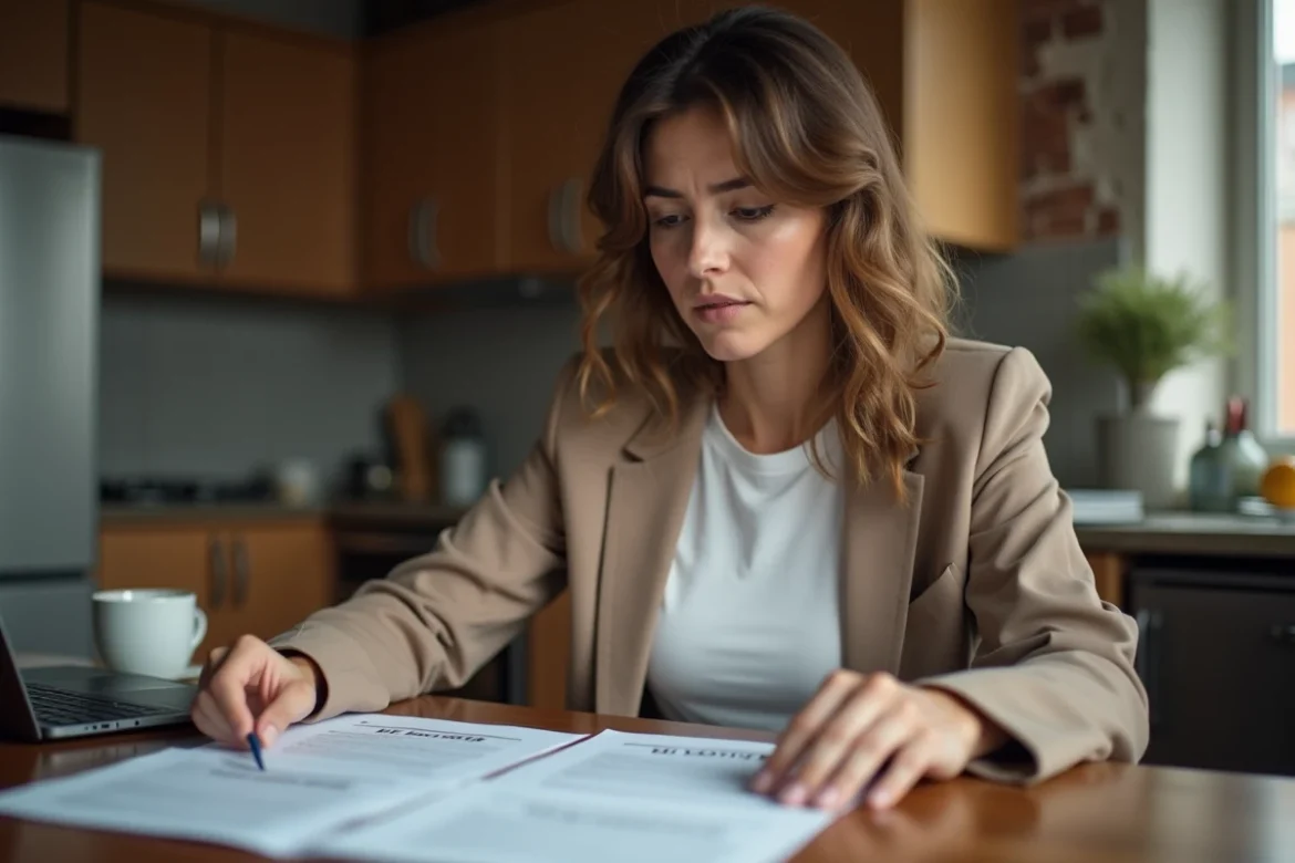 Femme examinant des documents de location sans fiche de paie dans son appartement, comparant les options entre PtitClic et agence immobilière classique