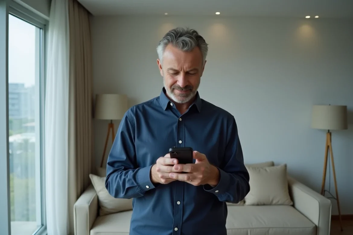Homme paramétrant les notifications de l'application MyNexity dans son appartement moderne