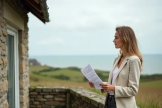 Femme tenant des documents immobiliers sur la terrasse en pierre d'une petite maison normande avec vue sur la mer en arrière-plan
