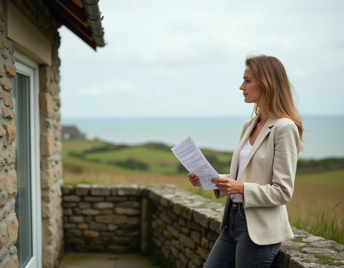 Femme tenant des documents immobiliers sur la terrasse en pierre d'une petite maison normande avec vue sur la mer en arrière-plan