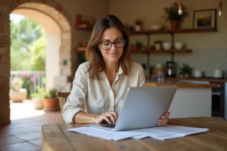 Propriétaire femme consultant des annonces de location sur ordinateur portable dans une maison provençale de l'Aude
