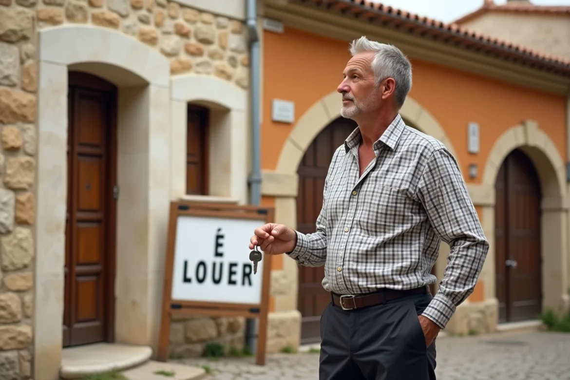 Propriétaire devant une maison en pierre à louer dans un village de l'Aude tenant des clés