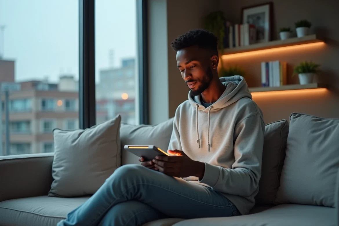 Personne consultant une plateforme de location en ligne comme PtitClic sur tablette pour trouver un logement sans fiche de paie