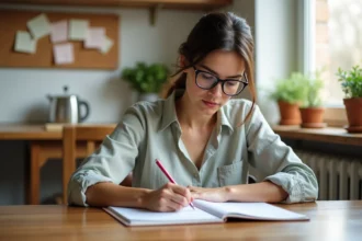 Femme qui rédige une présentation pour une annonce de colocation dans une cuisine partagée