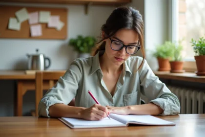Femme qui rédige une présentation pour une annonce de colocation dans une cuisine partagée