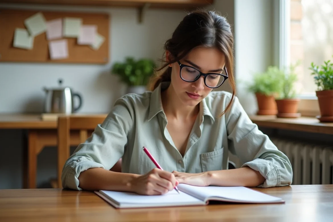 Femme qui rédige une présentation pour une annonce de colocation dans une cuisine partagée