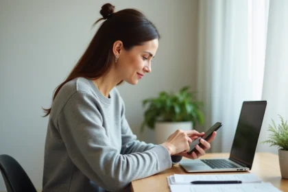 Femme consultant les réglages de notifications sur l'application MyNexity depuis son bureau à domicile