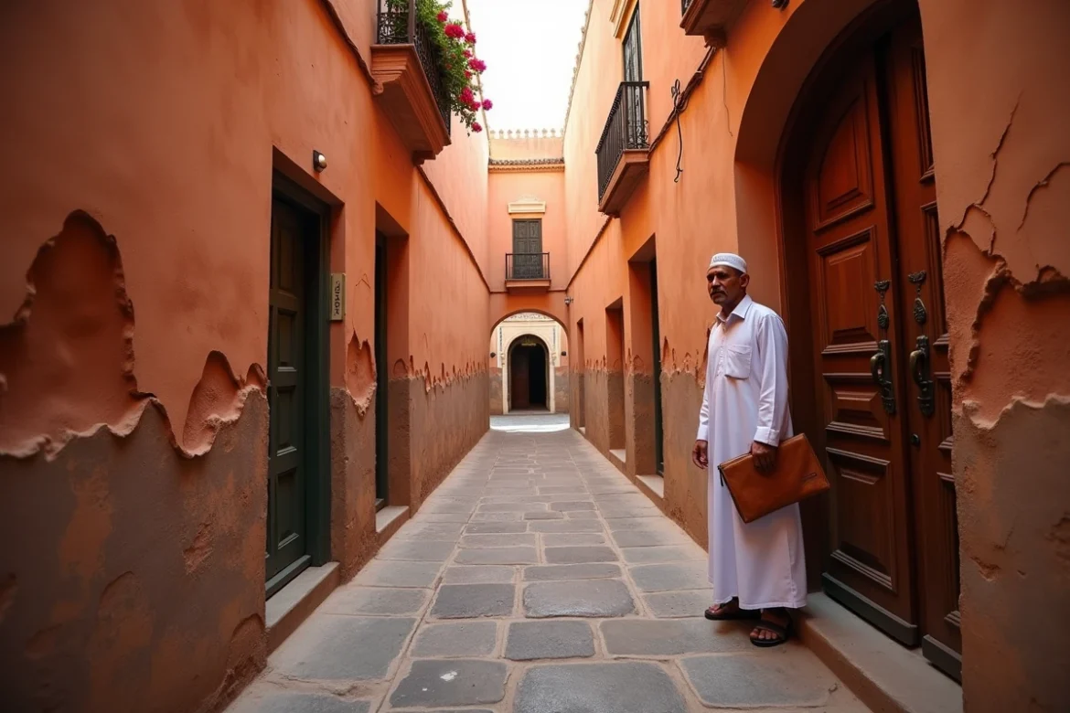 Ruelle de la médina de Marrakech avec panneau à vendre sur une porte de riad traditionnel