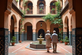 Intérieur d'un riad traditionnel à vendre en médina de Marrakech avec fontaine centrale et zellige coloré