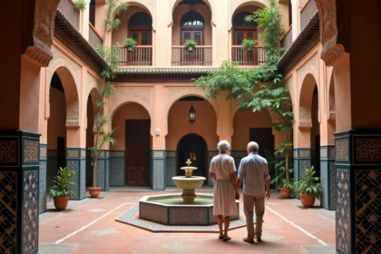 Intérieur d'un riad traditionnel à vendre en médina de Marrakech avec fontaine centrale et zellige coloré