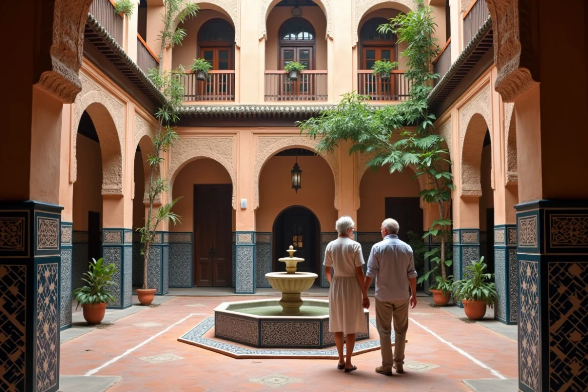 Intérieur d'un riad traditionnel à vendre en médina de Marrakech avec fontaine centrale et zellige coloré