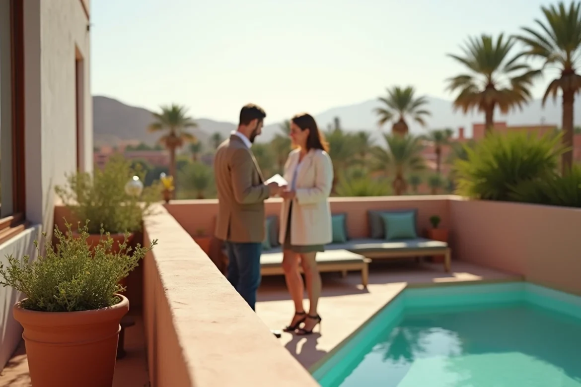 Terrasse de riad en palmeraie de Marrakech avec piscine et palmiers lors d'une visite immobilière