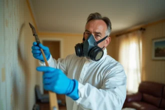 Professionnel en combinaison de protection effectuant un désamiantage dans une maison ancienne