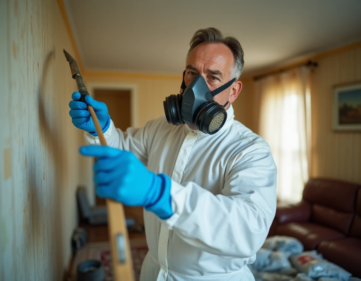 Professionnel en combinaison de protection effectuant un désamiantage dans une maison ancienne