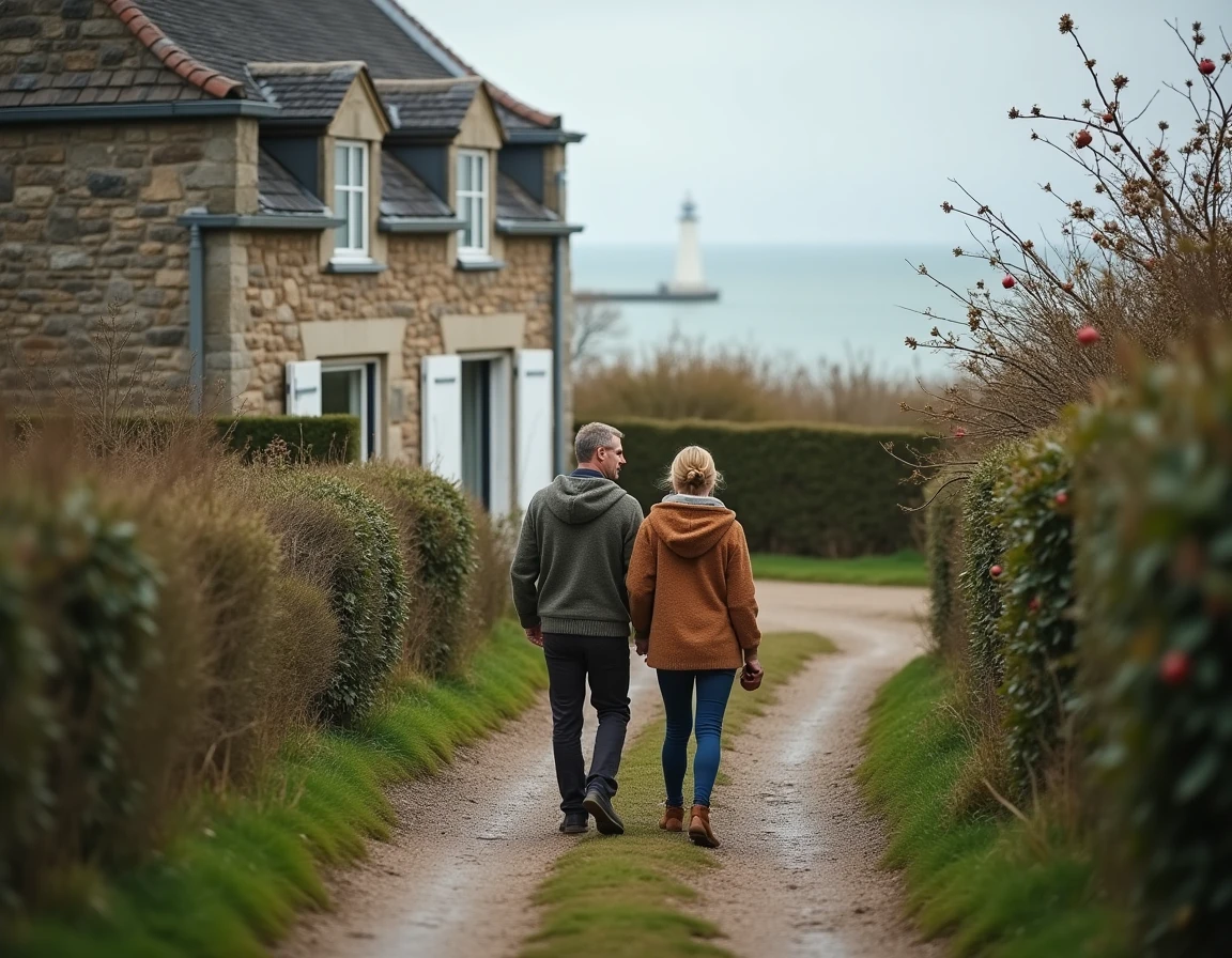 Couple visitant une petite maison en pierre normande à vendre avec vue mer en arrière-plan lors d'une visite immobilière