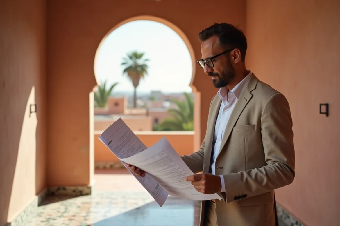 Agent immobilier marocain présentant un appartement à vendre à Marrakech avec vue sur la médina et carrelage zellige traditionnel