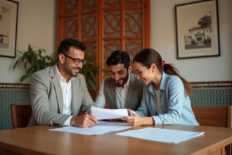 Agent immobilier marocain présentant des documents de financement à un couple dans un bureau moderne de Marrakech avec décoration zellige