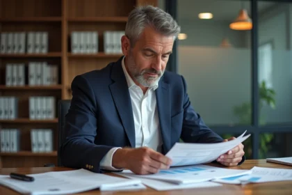 Agent immobilier examinant un dossier de diagnostic pour un bail commercial dans un bureau professionnel