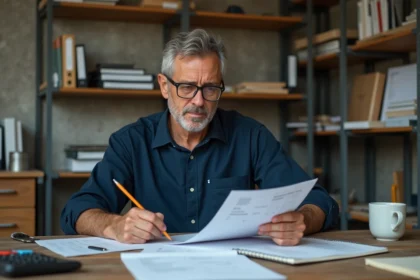 Artisan en train d'analyser ses factures avec l'indice BT47 dans son bureau de chantier