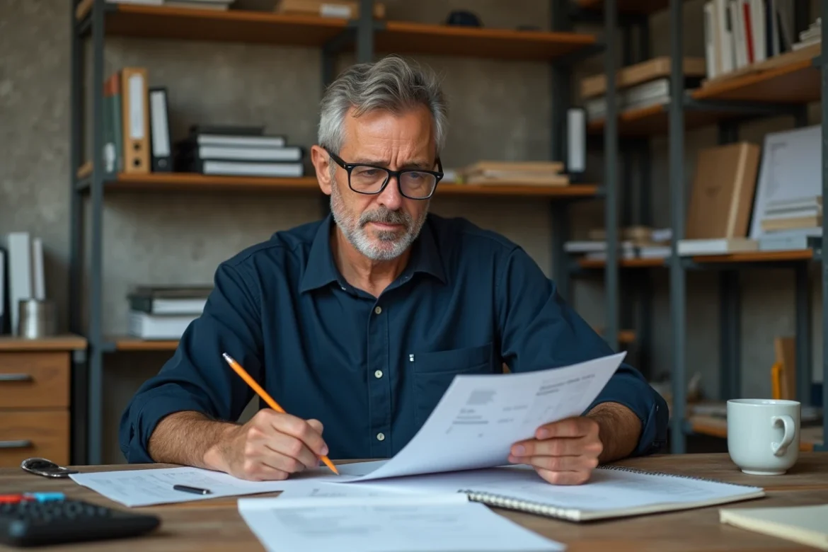 Artisan en train d'analyser ses factures avec l'indice BT47 dans son bureau de chantier