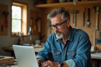Artisan bricoleur dans son atelier transformant sa passion en blog business de rénovation