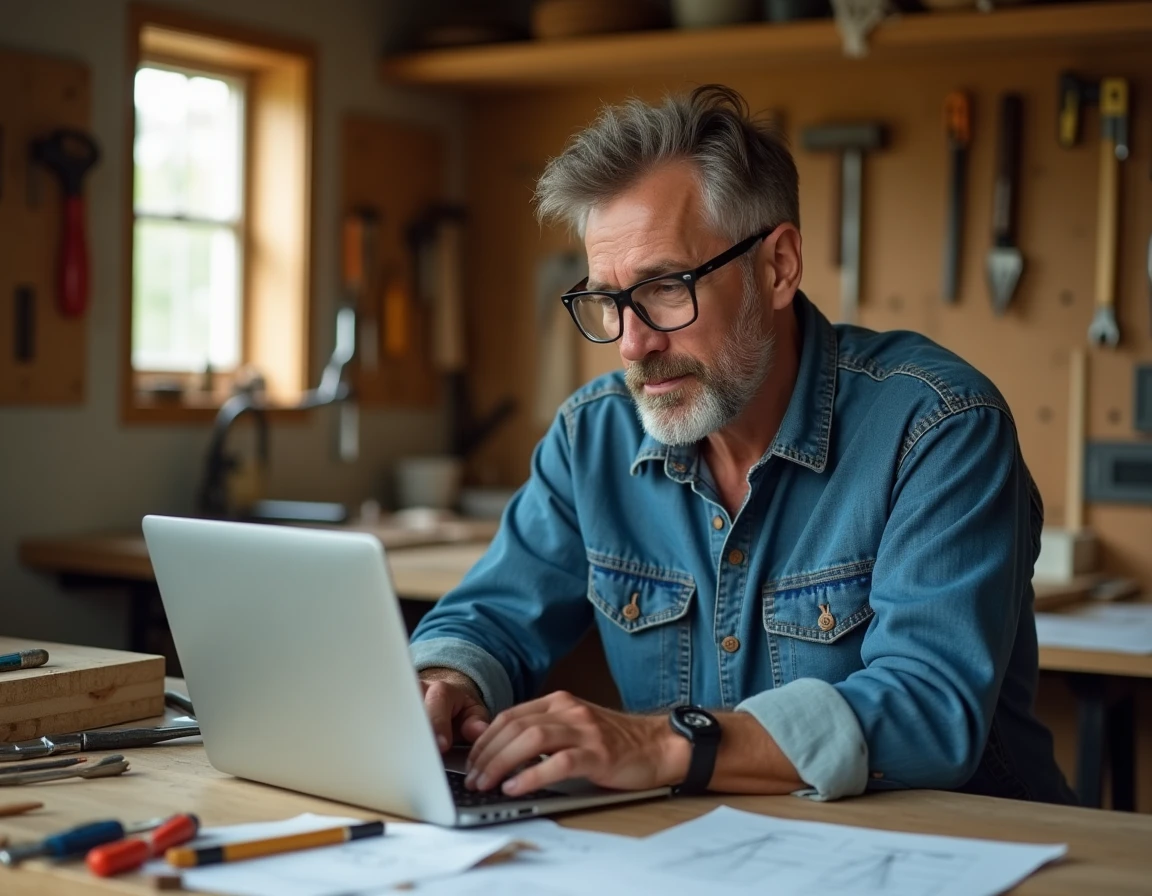 Artisan bricoleur dans son atelier transformant sa passion en blog business de rénovation