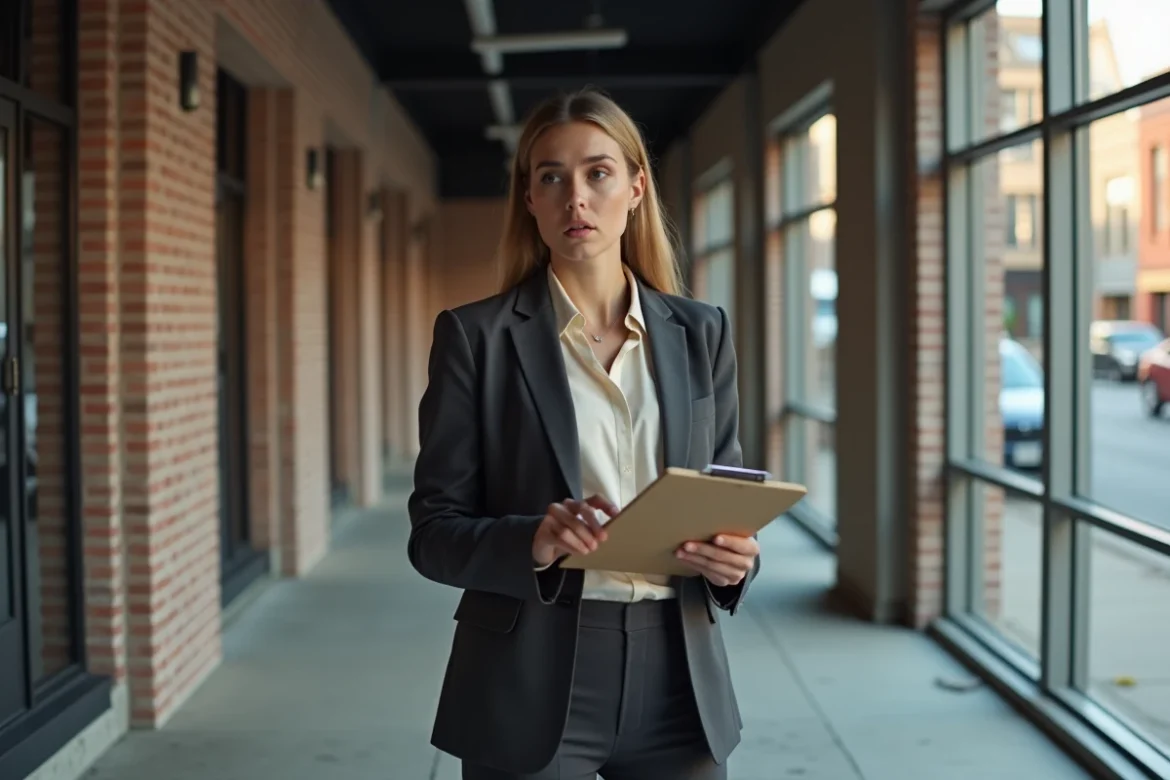 Avocate inspectant un local commercial vide avec des formulaires de diagnostic de bail
