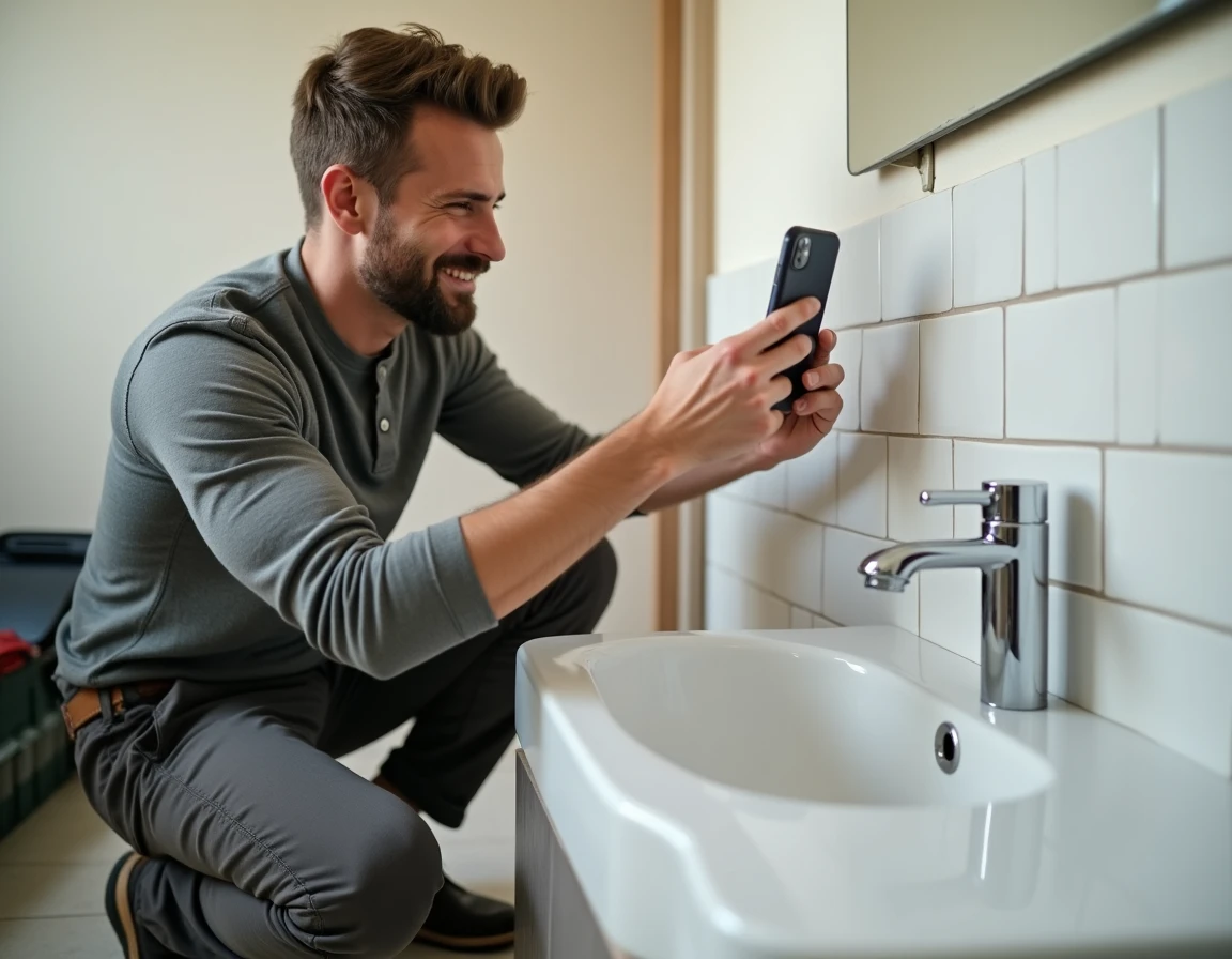Bricoleur photographiant ses travaux de carrelage pour alimenter son blog de rénovation rentable