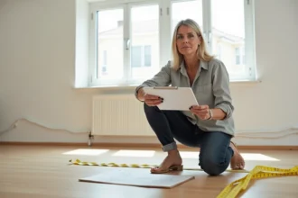 Femme mesurant la surface au sol d'un salon vide avec un mètre ruban et un bloc-notes pour calculer les m²