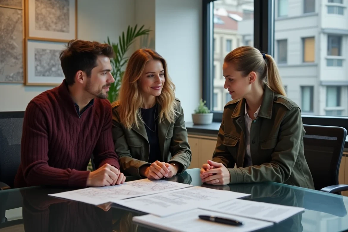 Couple discutant avec un agent immobilier berlinois pour la signature d'un bail de location longue durée