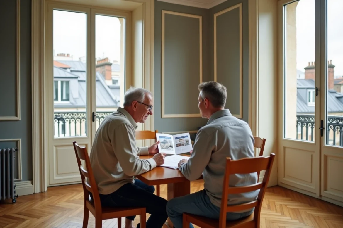 Couple parisien en train d'étudier des documents immobiliers dans un appartement avec parquet en chevrons