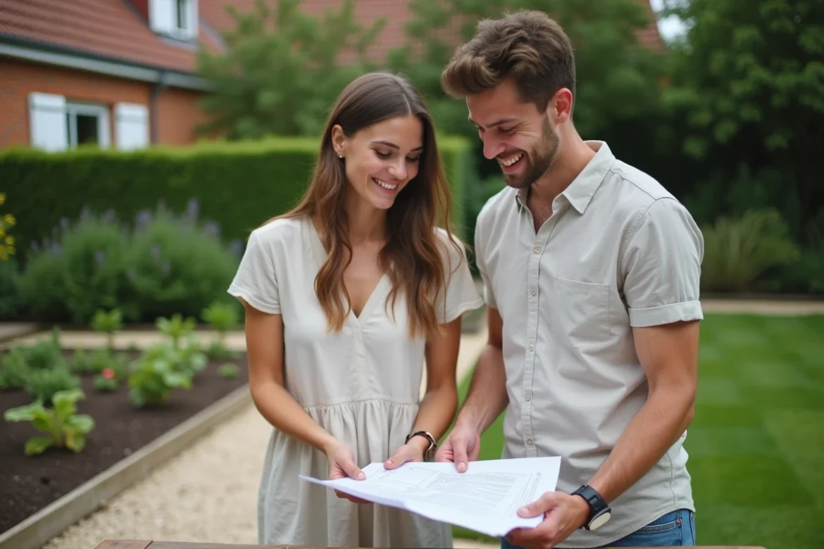 Couple de locataires examinant un contrat de location dans le jardin de leur maison à louer à 600 euros par mois