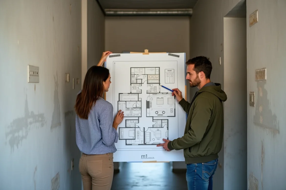 Couple consultant un plan de sol et une feuille de calcul en m² devant un mur nu dans un appartement en travaux