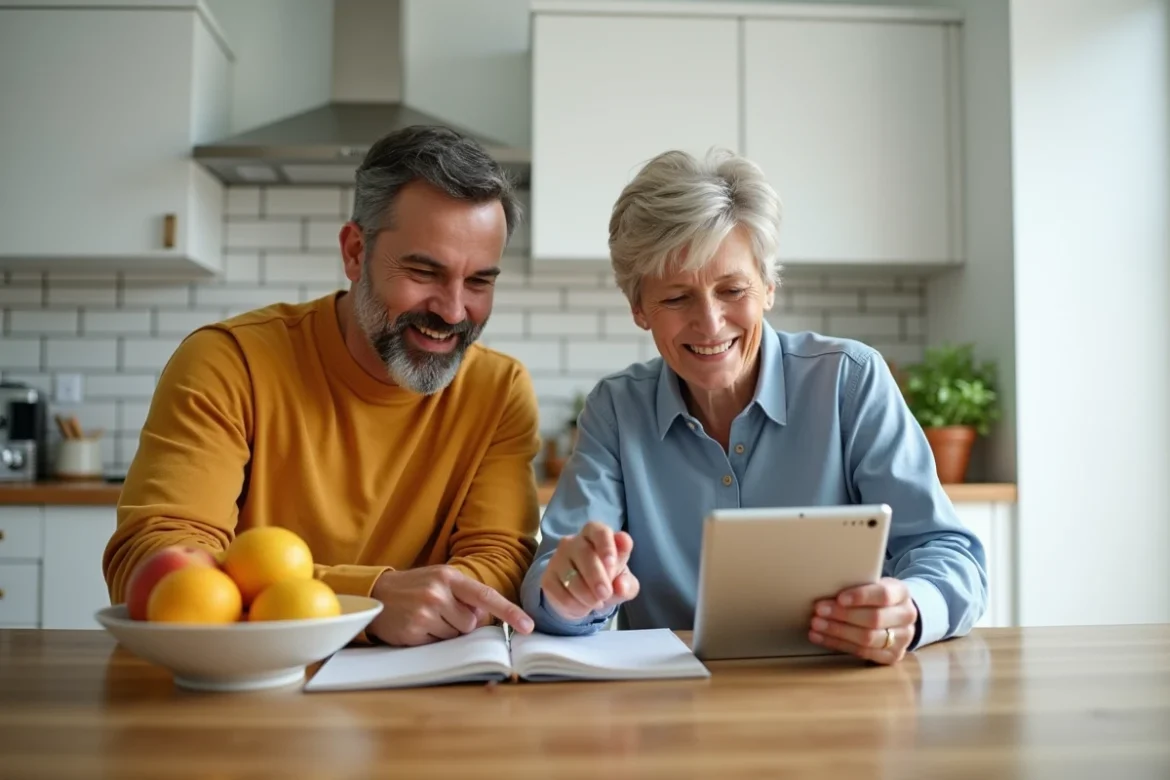 Couple étudiant des annonces immobilières ensemble sur une tablette dans une cuisine moderne