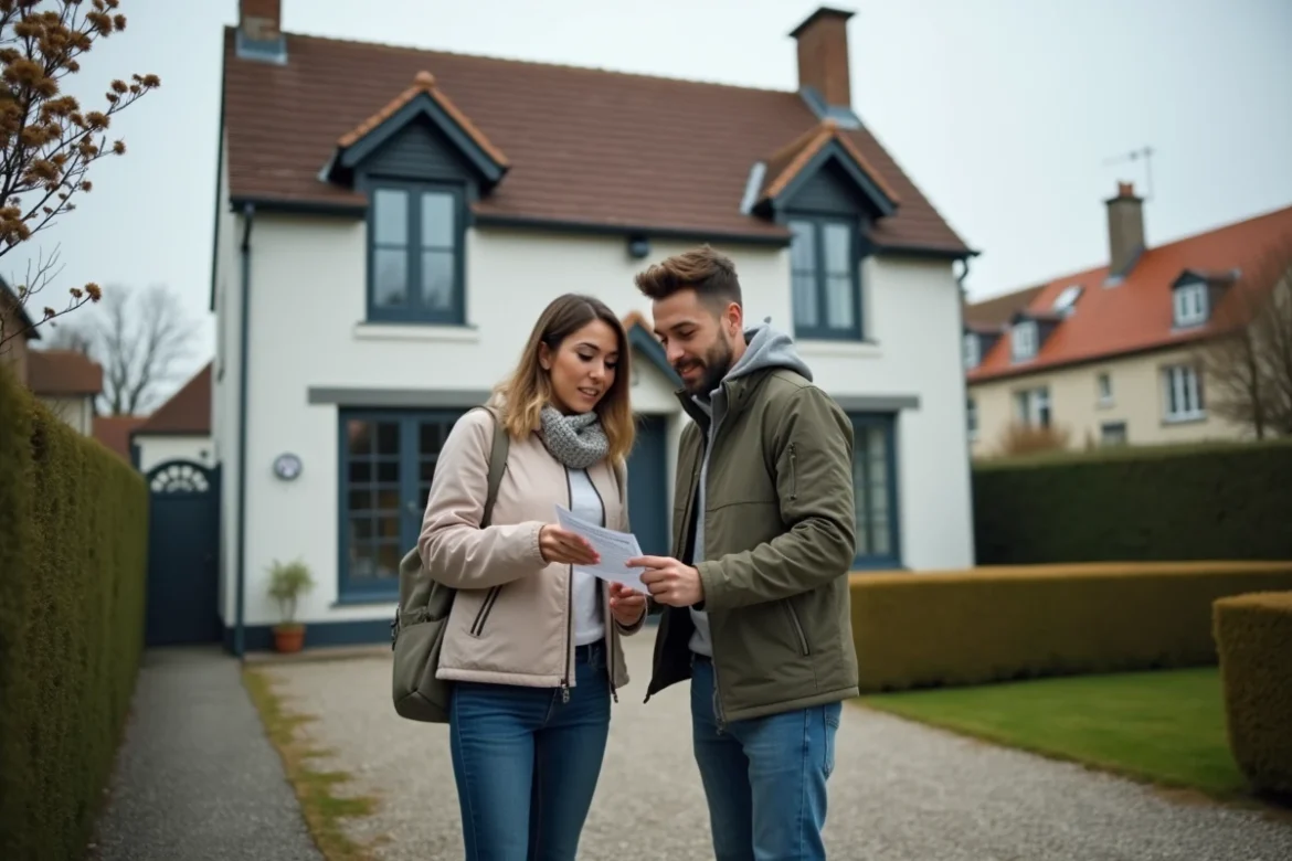 Couple examinant une annonce de location devant une maison pavillonnaire dans un quartier calme du Havre
