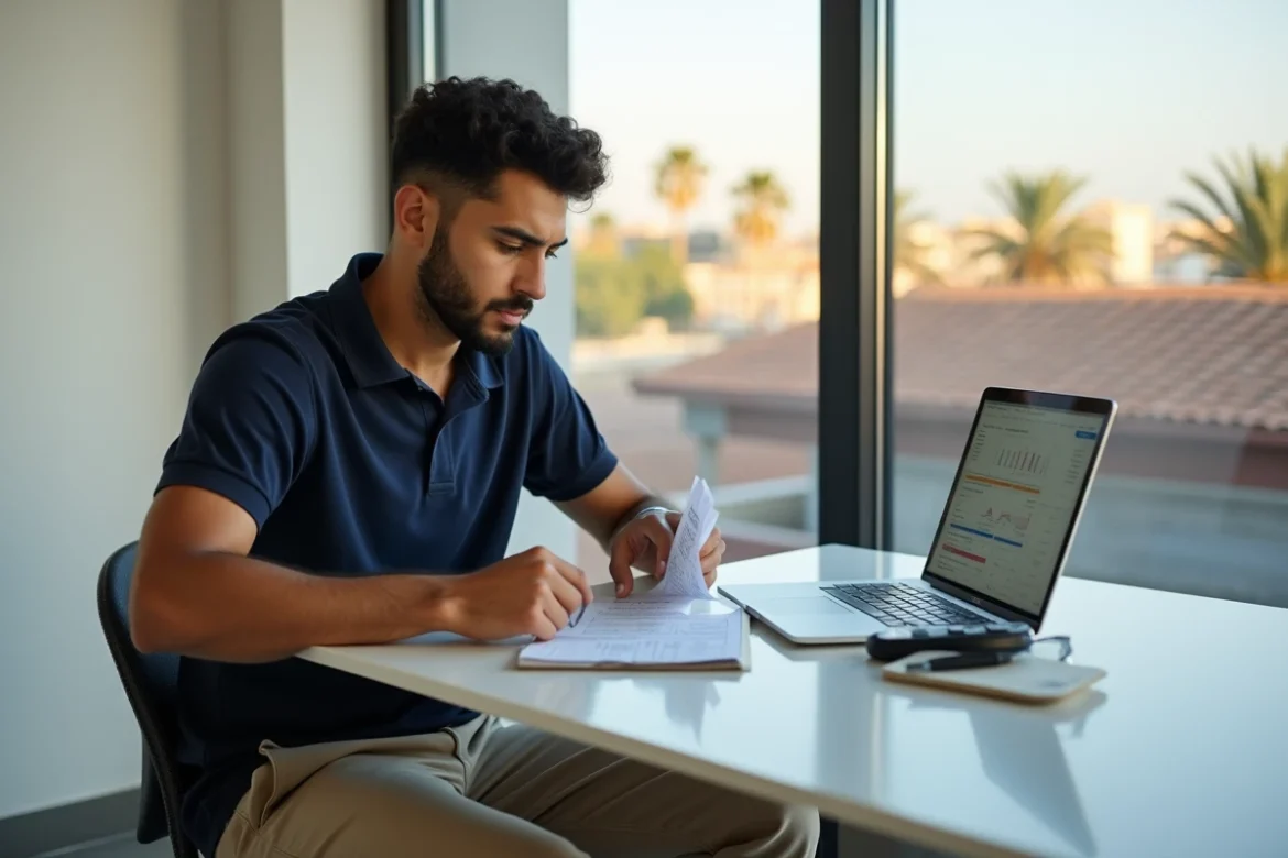 Jeune homme marocain analysant un contrat de crédit immobilier avec calculatrice et documents de prêt bancaire à Marrakech