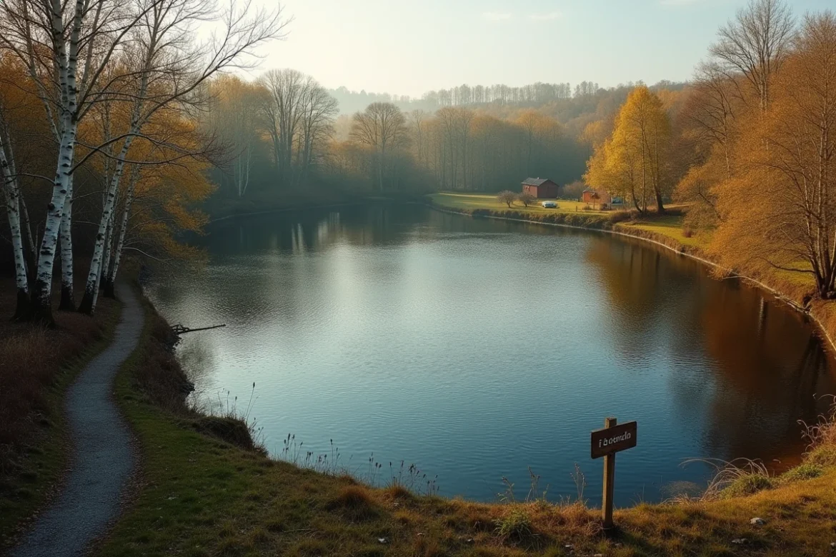 Vue panoramique d'un étang privé à vendre entre particuliers en milieu rural français, entouré de forêt automnale avec un panneau à vendre visible