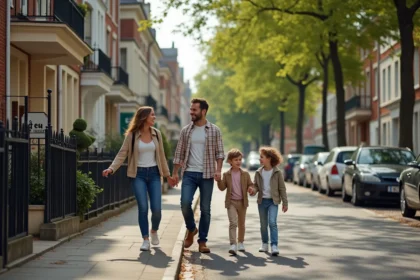 Famille avec deux enfants visitant une maison à louer dans un quartier résidentiel du Havre