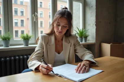 Femme lisant un contrat de location d'appartement à Berlin dans un appartement au style industriel avec vue sur la rue