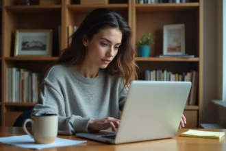 Femme consultant des annonces immobilières sur un ordinateur portable dans un bureau à domicile cosy